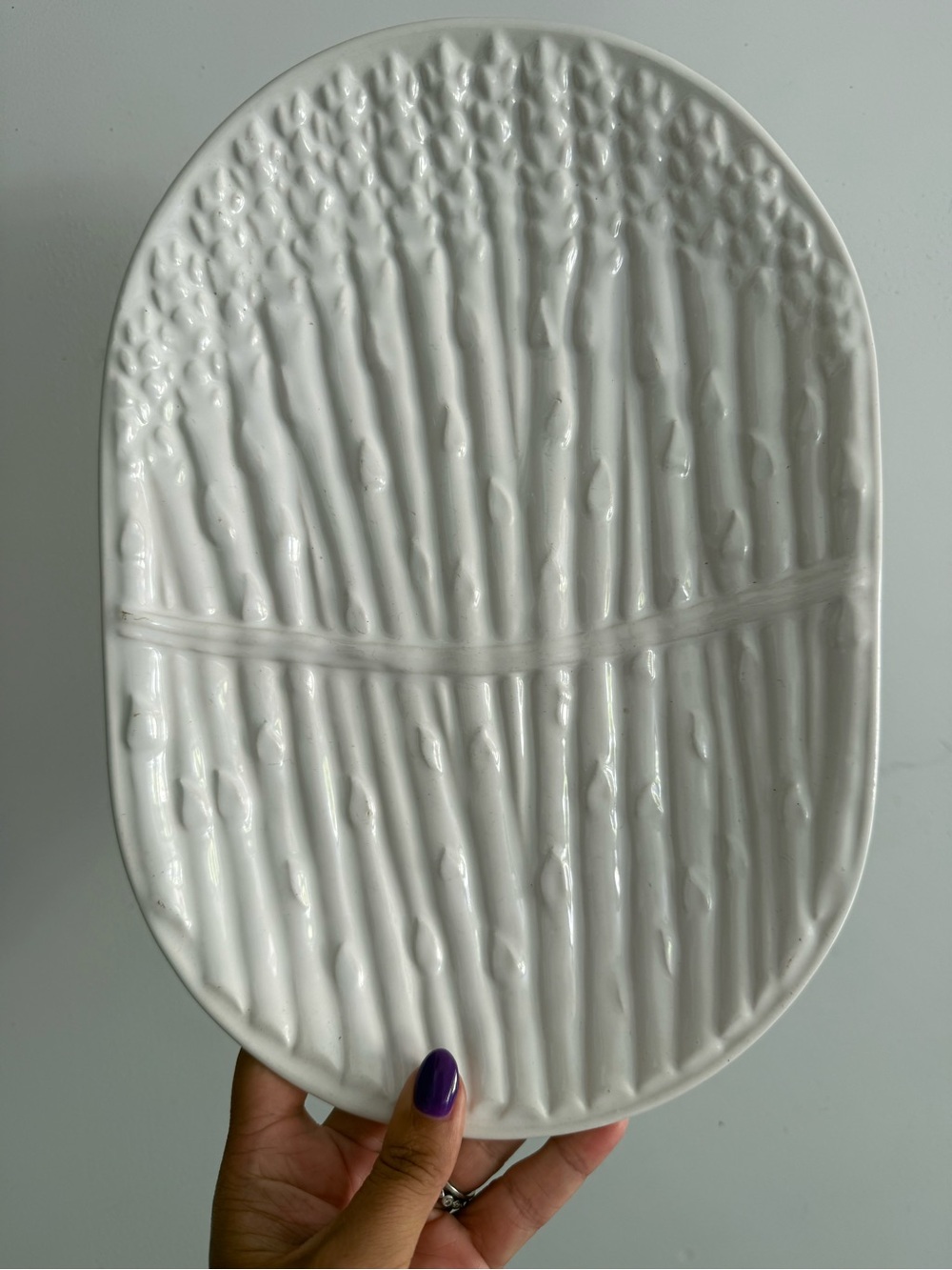 Textured White Ceramic Serving Platter-asparagus, made in Portugal, vintage